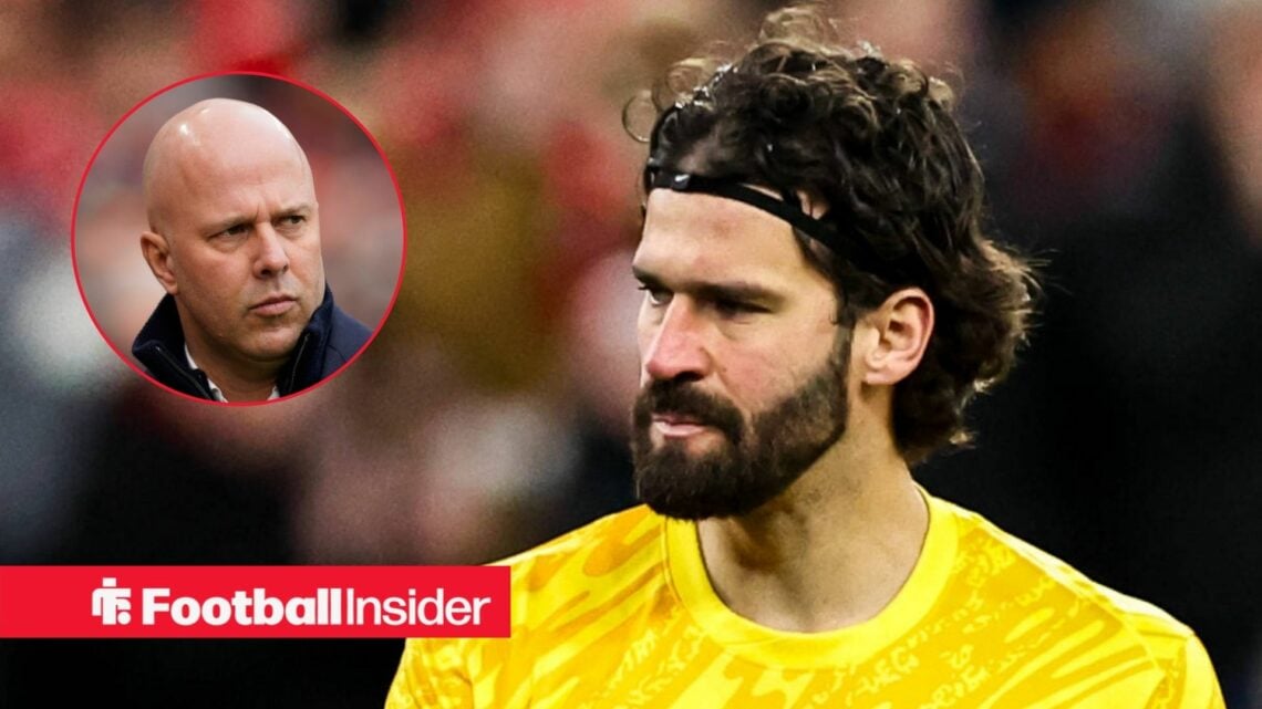 Liverpool goalkeeper Alisson alongside a circular inset of manager Arne Slot