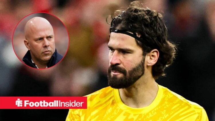 Liverpool goalkeeper Alisson alongside a circular inset of manager Arne Slot