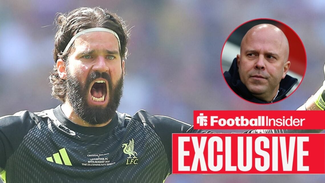 Liverpool goalkeeper roaring on the left with a serious Arne Slot on the right