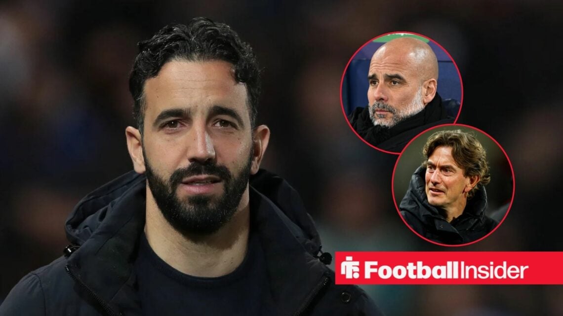 Ruben Amorim next to circular insets of Pep Guardiola and Thomas Frank