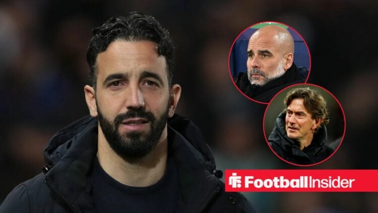 Ruben Amorim next to circular insets of Pep Guardiola and Thomas Frank