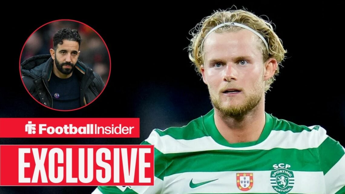 Morten Hjulmand next to a circular inset of Ruben Amorim