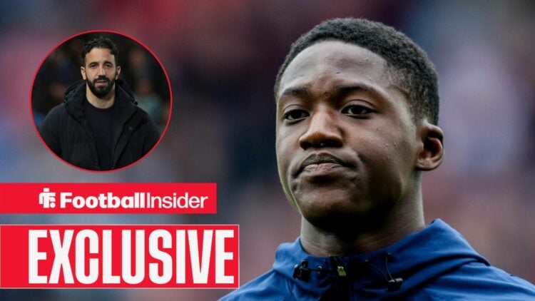 Kobbie Mainoo next to a circular inset of Ruben Amorim