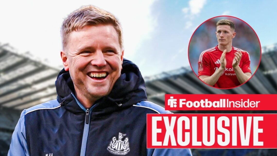 Eddie Howe looking at Elliot Anderson in a circular inset