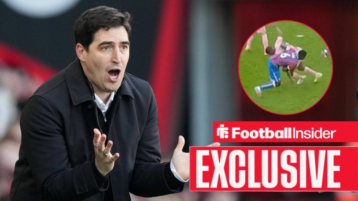 Andoni Iraola shouting on the sidelines, Bafode Diakite on Marc Guehi in a circular inset