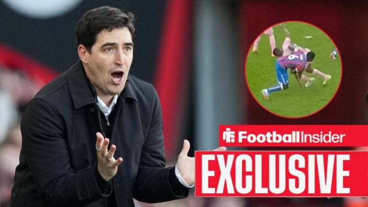 Andoni Iraola shouting on the sidelines, Bafode Diakite on Marc Guehi in a circular inset