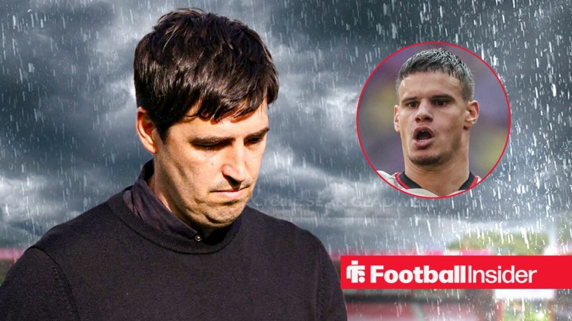 Bournemouth manager Andoni Iraola looking upset and downwards with Liverpool's Milos Kerkez right inset in action
