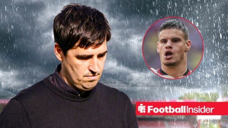 Bournemouth manager Andoni Iraola looking upset and downwards with Liverpool's Milos Kerkez right inset in action