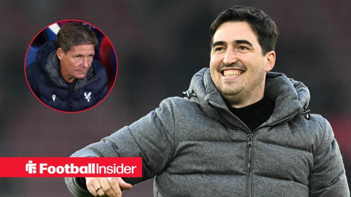 Andoni Iraola celebrating, Oliver Glasner in a circular inset