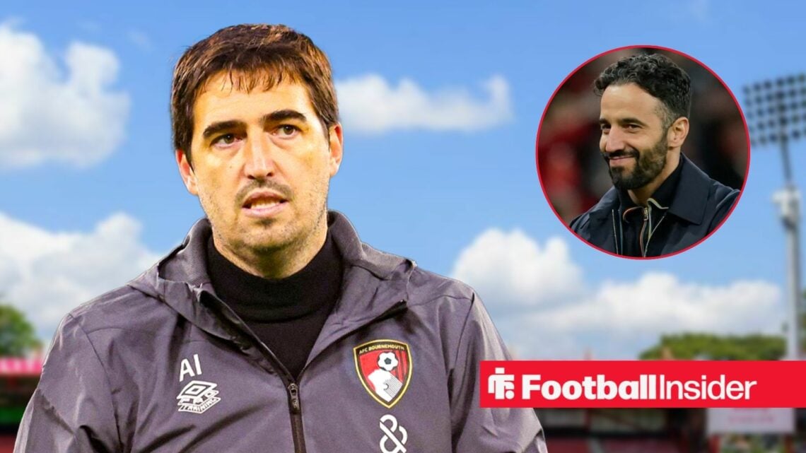 Andoni Iraola on the sidelines at the Vitality Stadium, with Ruben Amorim in a circular inset