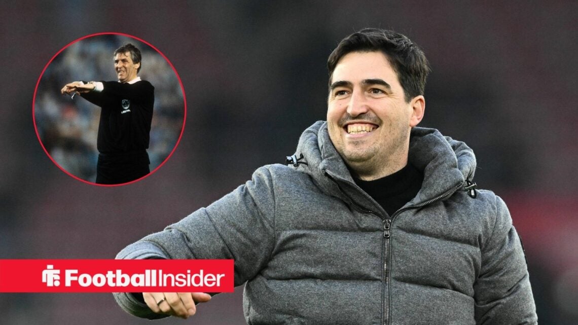 Andoni Iraola smiling and Keith Hackett in inset