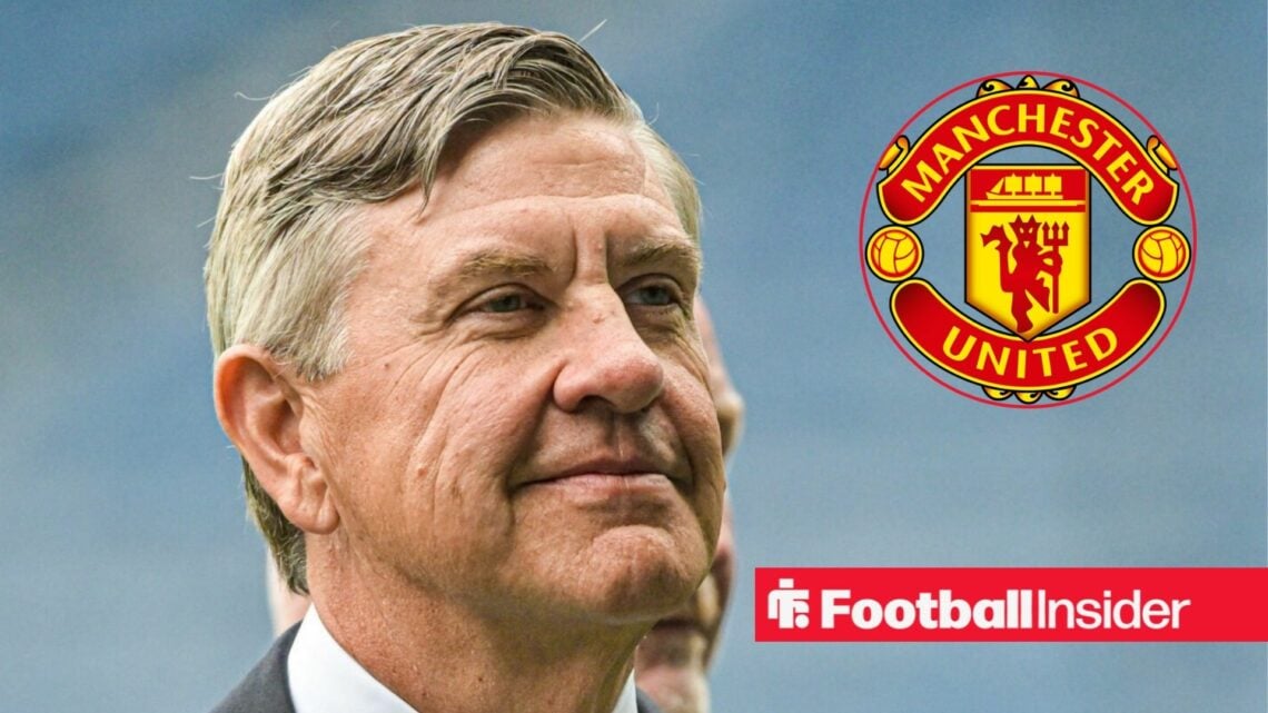 Rangers owner Andrew Cavenagh alongside a circular inset of the Man United badge