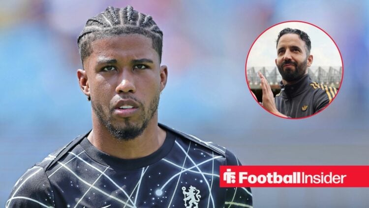 Andrey Santos in a warm-up for Chelsea, with Ruben Amorim in a circular inset