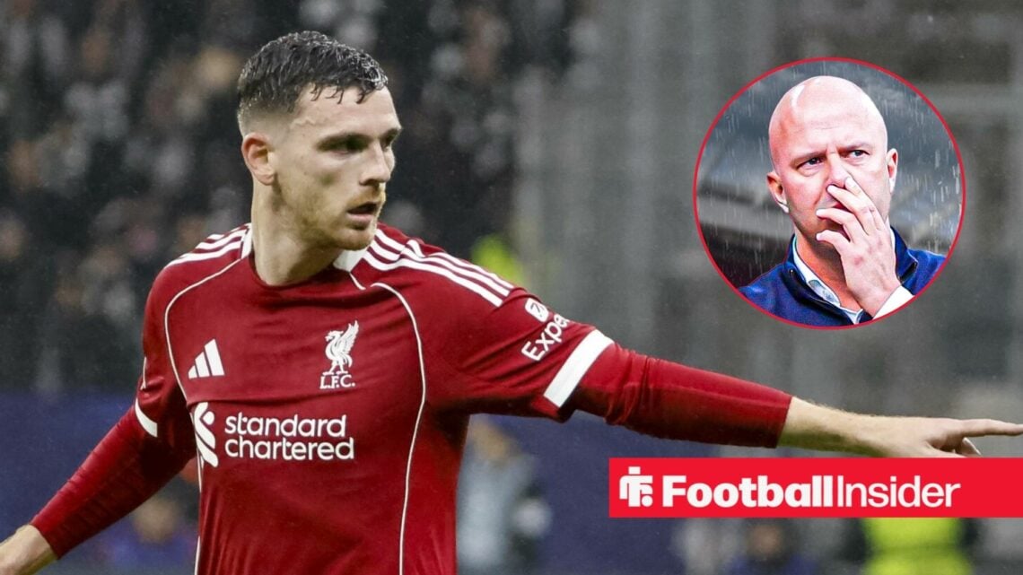 Liverpool defender Andy Robertson alongside a circular inset of Liverpool manager Arne Slot