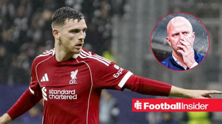 Liverpool defender Andy Robertson alongside a circular inset of Liverpool manager Arne Slot