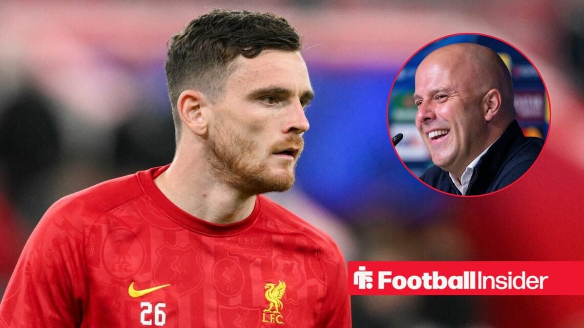 Andy Robertson looking serious on the left in a Liverpool training top with a smiling Arne Slot on the right