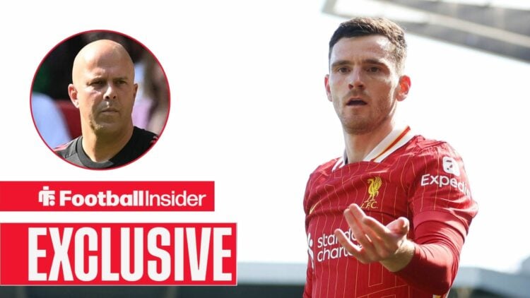 Arne Slot looking focused on the left with a tired Andy Roberston on the right for Liverpool