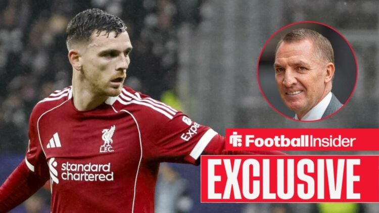 Andy Robertson looking focused for Liverpool on the left with Brendan Rodgers smiling on the right