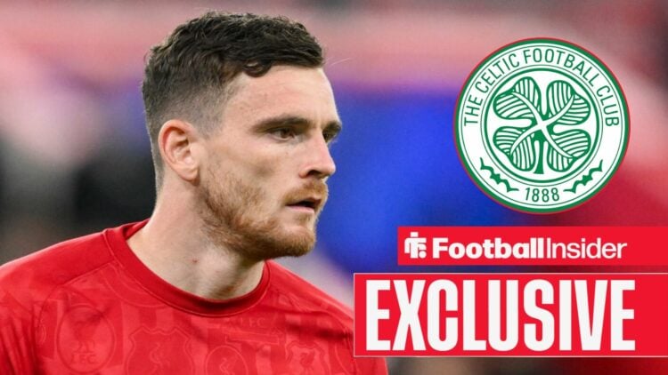 Andy Robertson looking focused for Liverpool on the left with the Celtic club badge on the right
