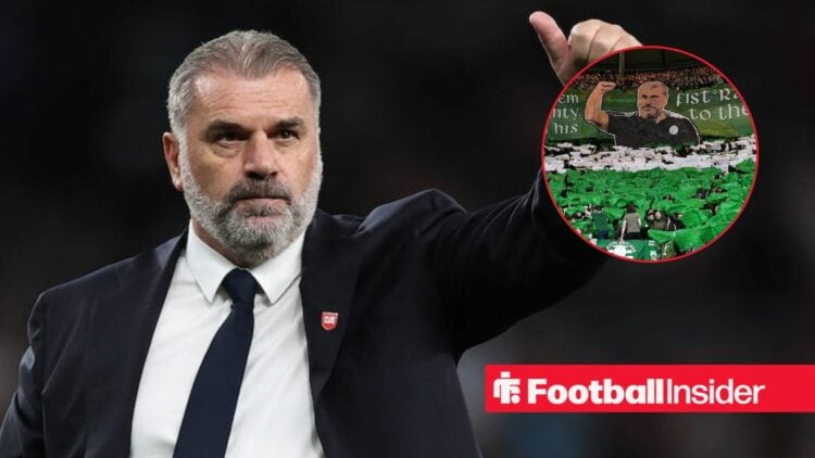 Ange Postecoglou with his thumb up, with a Celtic fan display in a circular inset