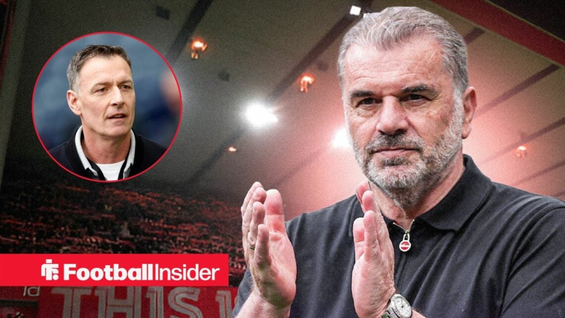 Nottingham Forest manager Ange Postecoglou against a backdrop of the City alongside a circular inset of Chris Sutton