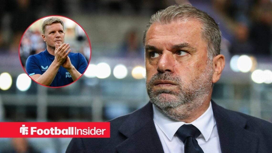 Ange Postecoglou puffing out his cheeks, Eddie Howe in a circular inset