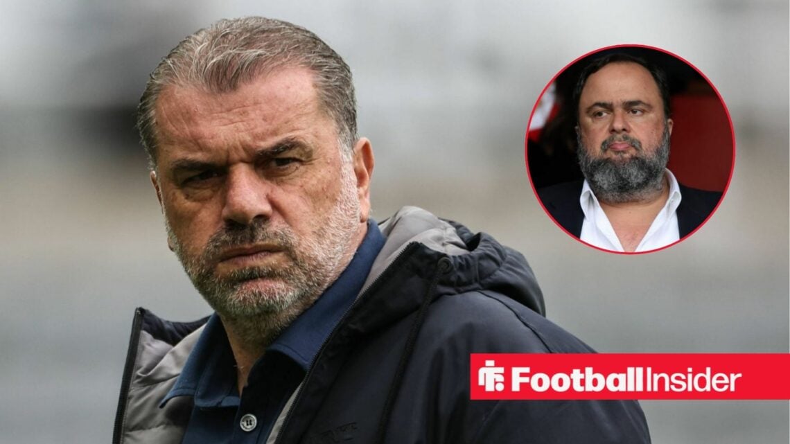 Ange Postecoglou looking frustrated, with Evangelos Marinakis in a circular inset