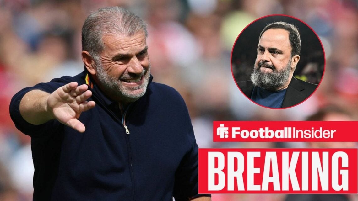 Nottingham Forest manager Ange Postecoglou annoyed on sideline with owner Evangelos Marinakis right inset