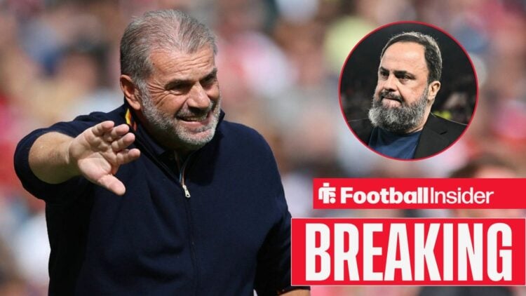 Nottingham Forest manager Ange Postecoglou annoyed on sideline with owner Evangelos Marinakis right inset