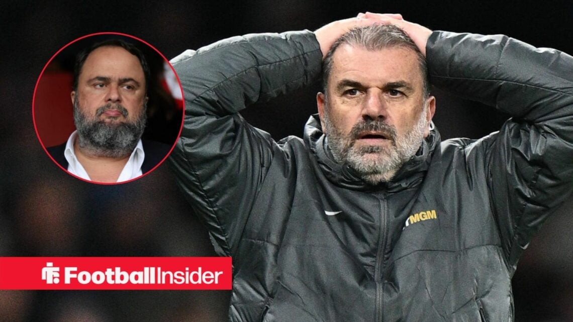 Ange Postecoglou with his hands on his head, and Evangelos Marinakis in a circular inset