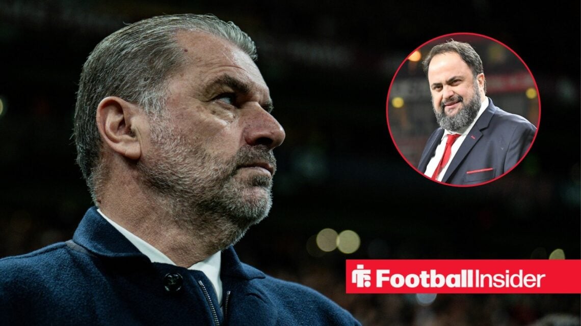 Ange Postecoglou looking thoughtful, Evangelos Marinakis in a circular inset