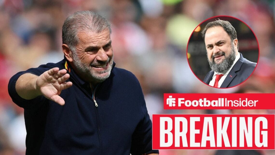 Ange Postecoglou on the touchline at Nottingham Forest, with Evangelos Marinakis in a circular inset