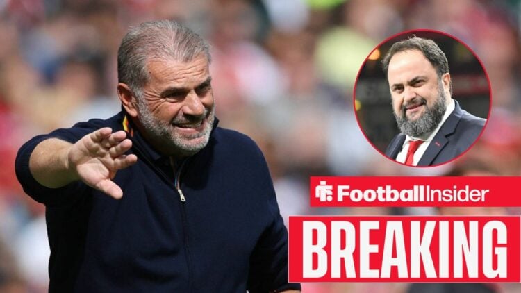 Ange Postecoglou on the touchline at Nottingham Forest, with Evangelos Marinakis in a circular inset