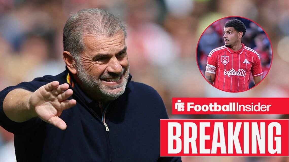 Ange Postecoglou on the sidelines at Nottingham Forest, with Morgan Gibbs-White in a circular inset