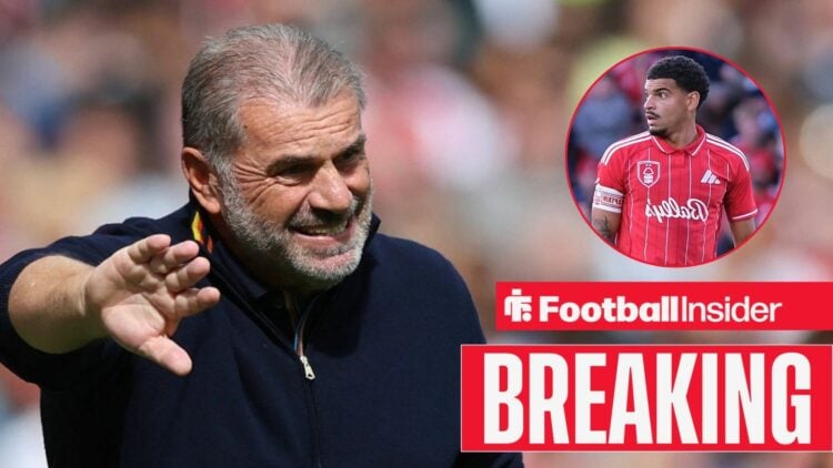 Ange Postecoglou on the sidelines at Nottingham Forest, with Morgan Gibbs-White in a circular inset