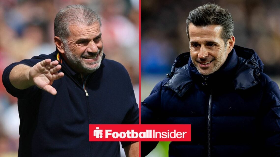 Ange Postecoglou looking concerned alongside Marco Silva looking happy