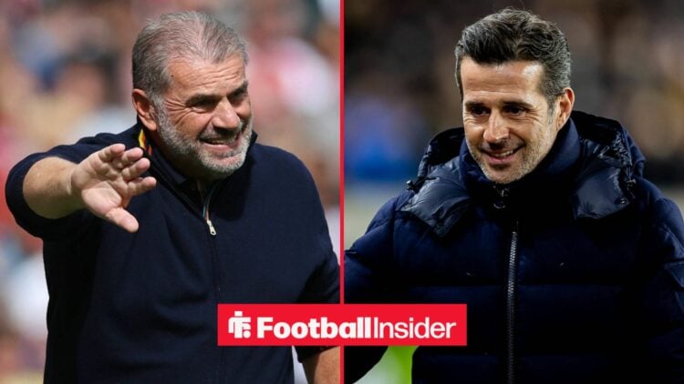 Ange Postecoglou looking concerned alongside Marco Silva looking happy