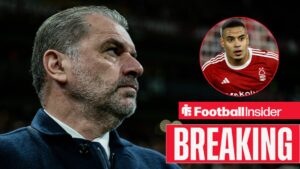 Ange Postecoglou looking right, Murillo in a circular inset