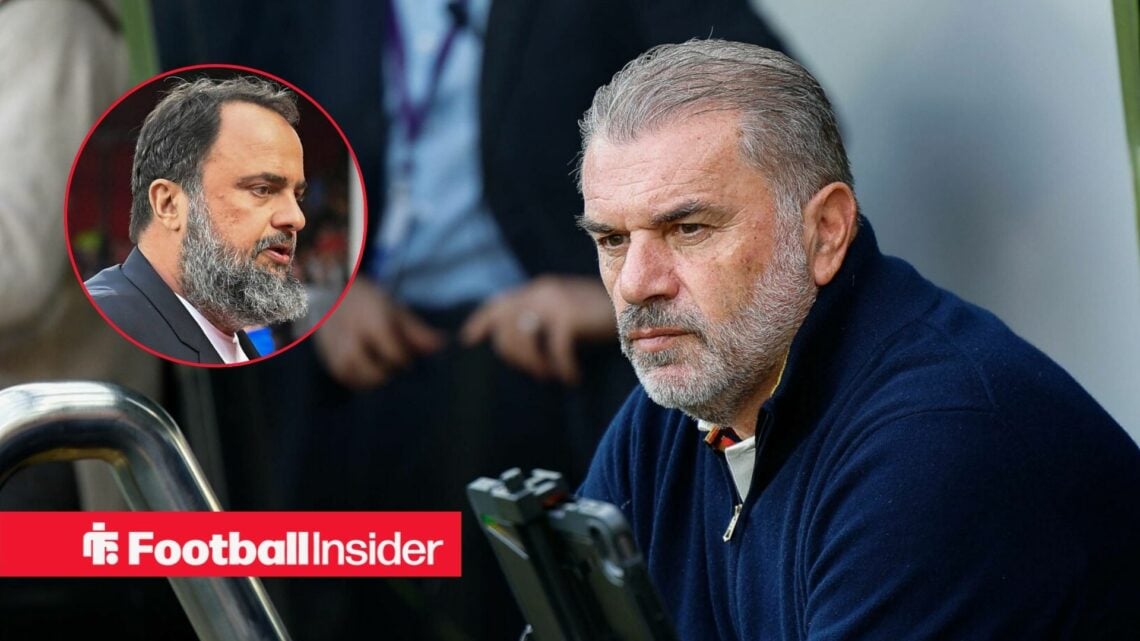 Ange Postecoglou in the dugout at Nottingham Forest, with Evangelos Marinakis in a circular inset
