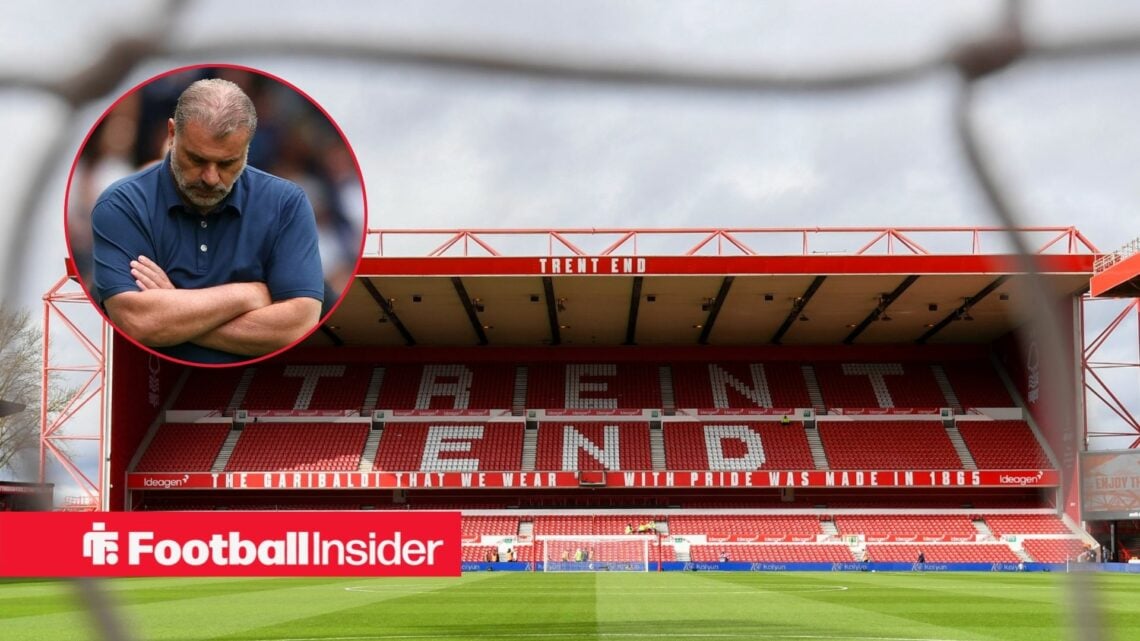 Nottingham Forest boss Ange Postecoglou looking downbeat in a circular frame within an image of The City Ground