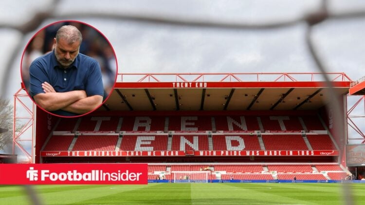 Nottingham Forest boss Ange Postecoglou looking downbeat in a circular frame within an image of The City Ground
