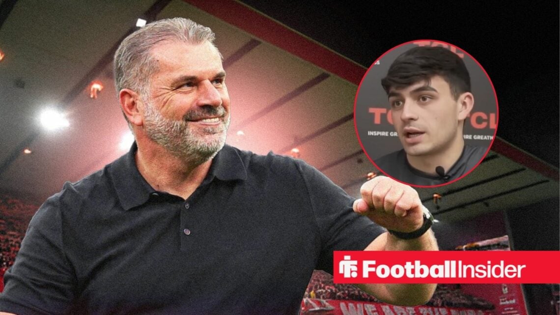 Nottingham Forest boss Ange Postecoglou smiling with Barcelona's Pedri right inset