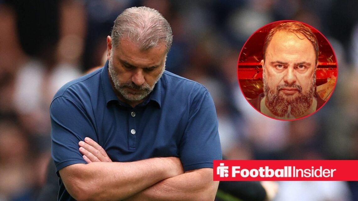 Ange Postecoglou looking devastated on the left with an angry Evangelos Marinakis on the right
