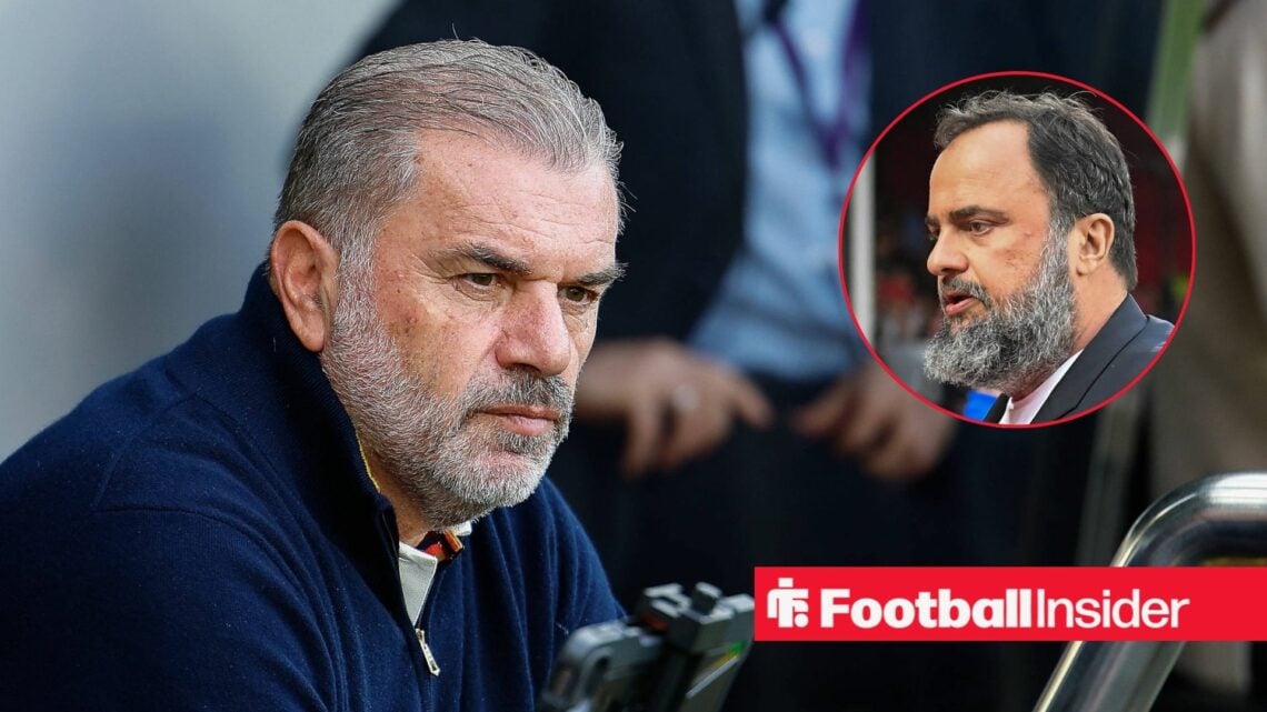 Ange Postecoglou looking focused with Evangelos Marinakis looking serious