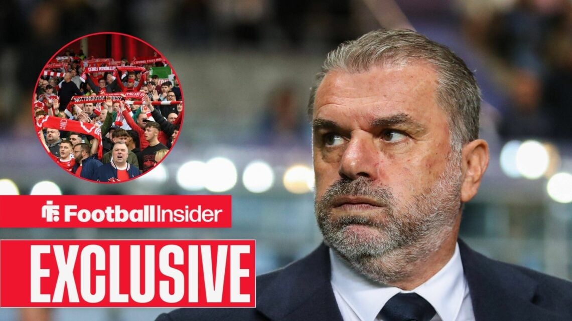 Ange Postecoglou looking stressed and Nottingham Forest fans in inset