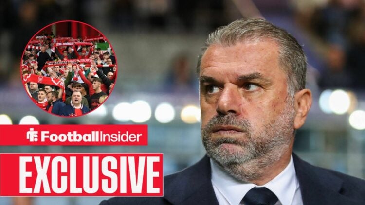 Ange Postecoglou looking stressed and Nottingham Forest fans in inset