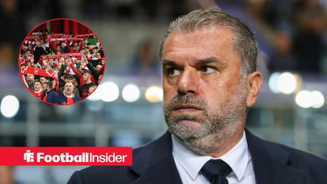 Ange Postecoglou looking nervous and Nottingham Fans fans in inset