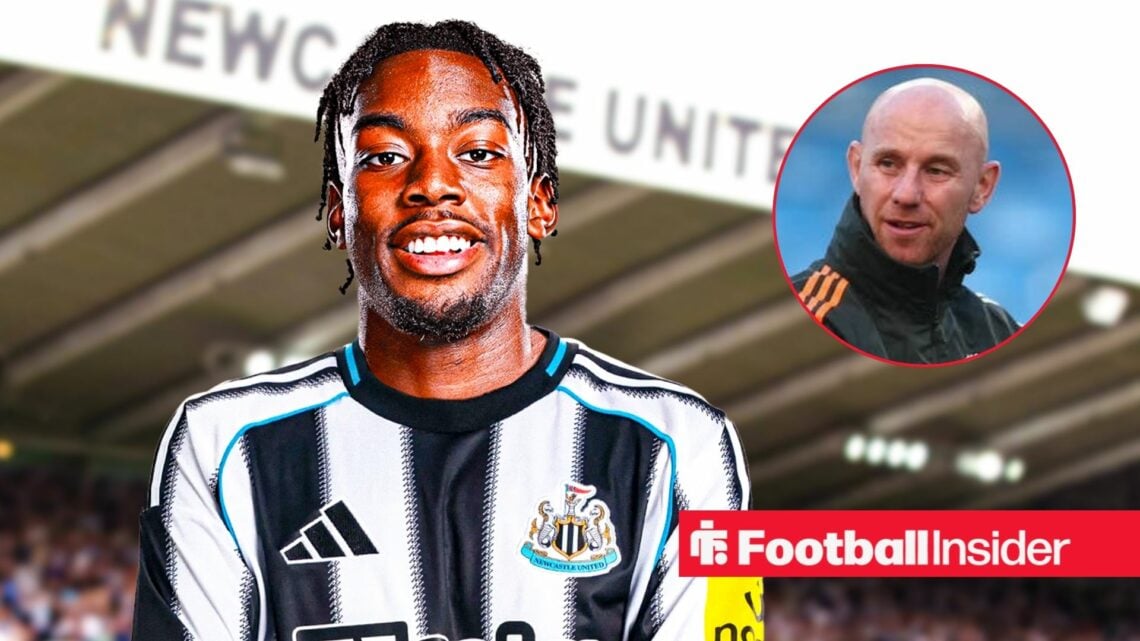 Anthony Elanga in a Newcastle United shirt alongside a headshot of Nicky Butt