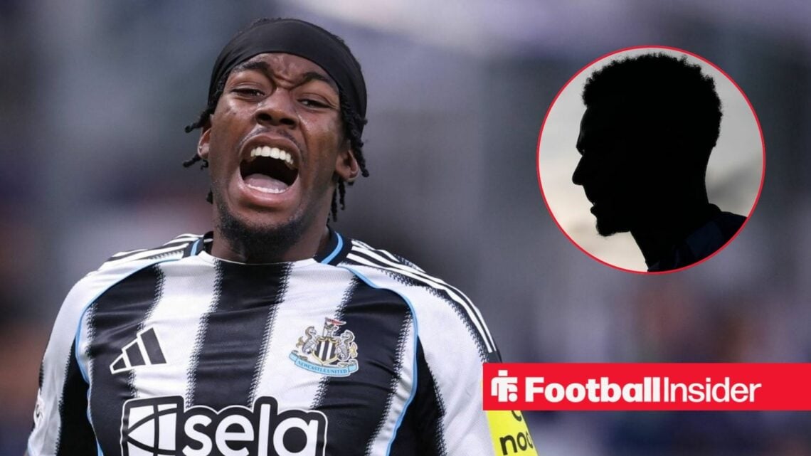 Anthony Elanga shouting for Newcastle on the left with a Jacob Murphy silhouette on the right