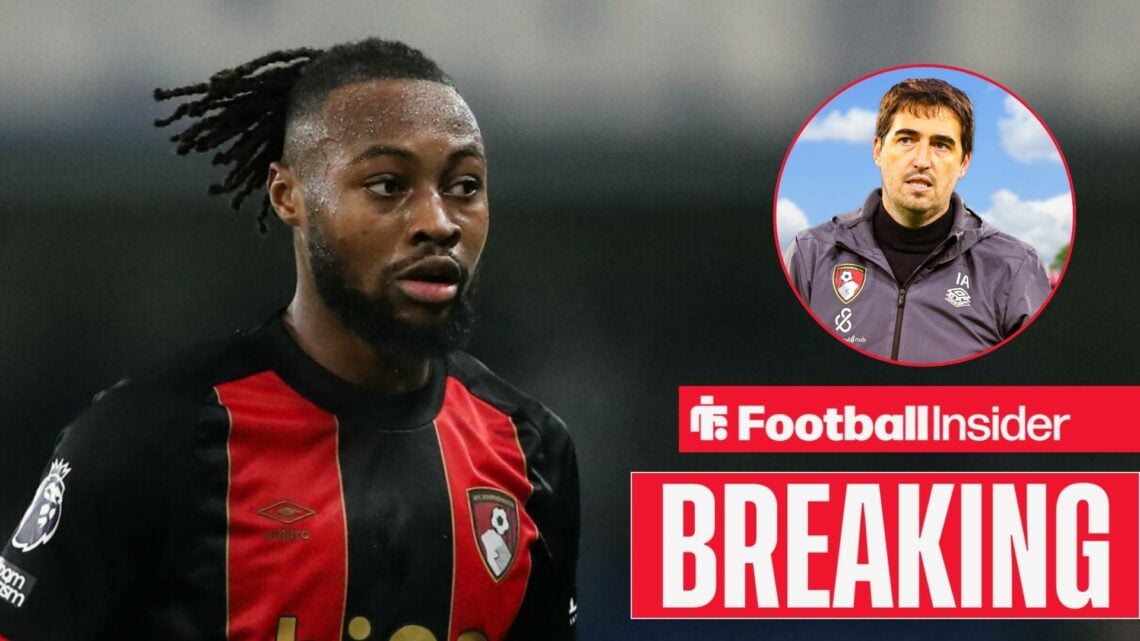 Antoine Semenyo in action for Bournemouth with Andoni Iraola in a circular inset